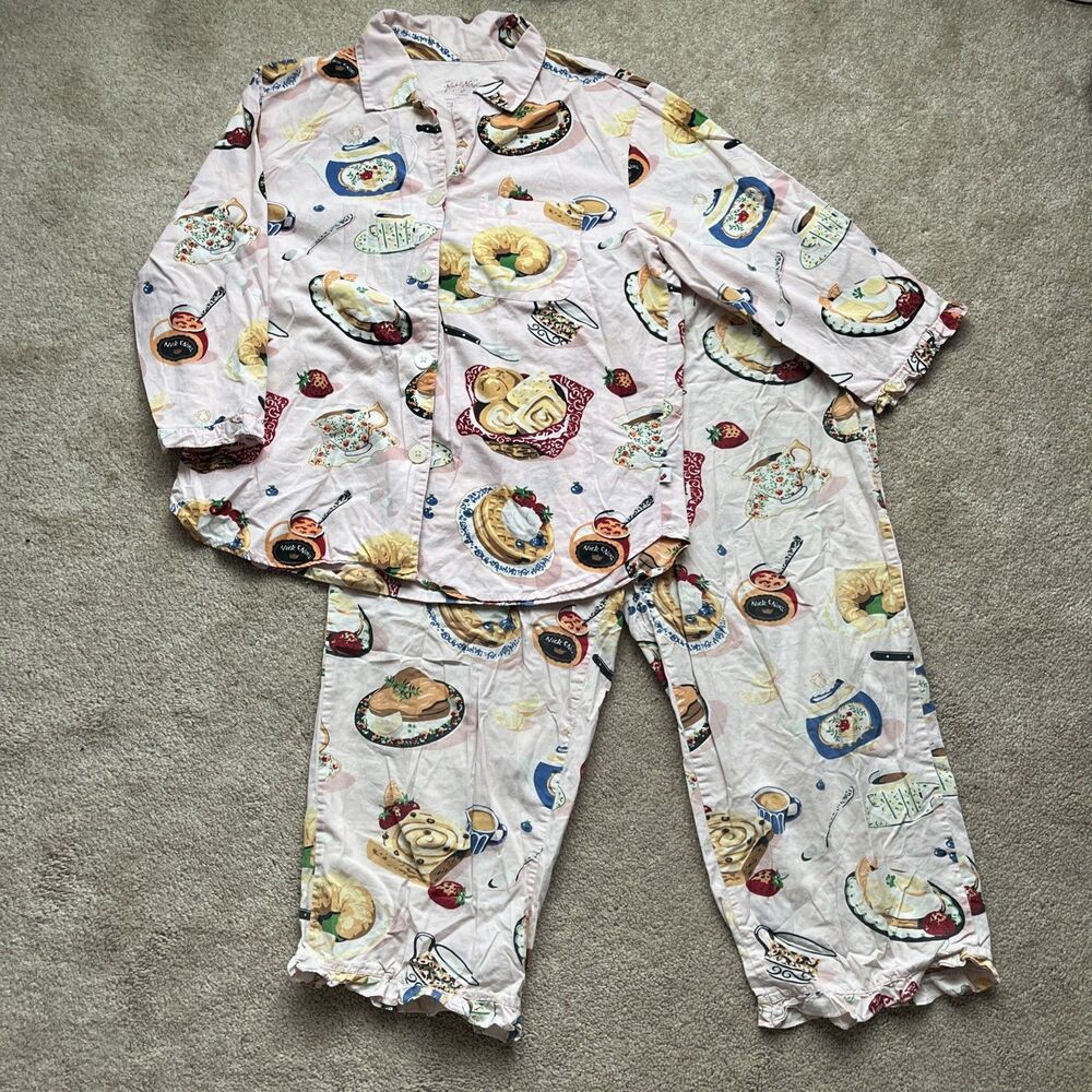 Nick and Nora Pajama Set Womens Medium Novelty Print Continental Breakfast FLAW
